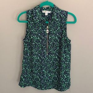 Michael Kors! Leaf detail green and navy sleeveless blouse